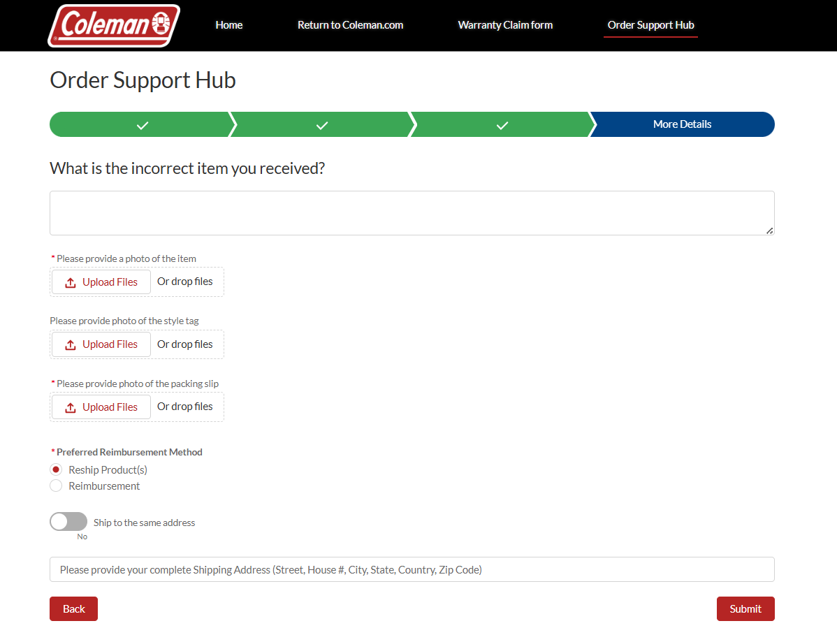 Coleman Order Support Hub Instructions